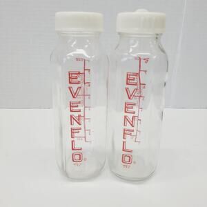 2 Vintage Collectible Red EVENFLO Glass 8oz Baby Bottles Made In The USA Nursery